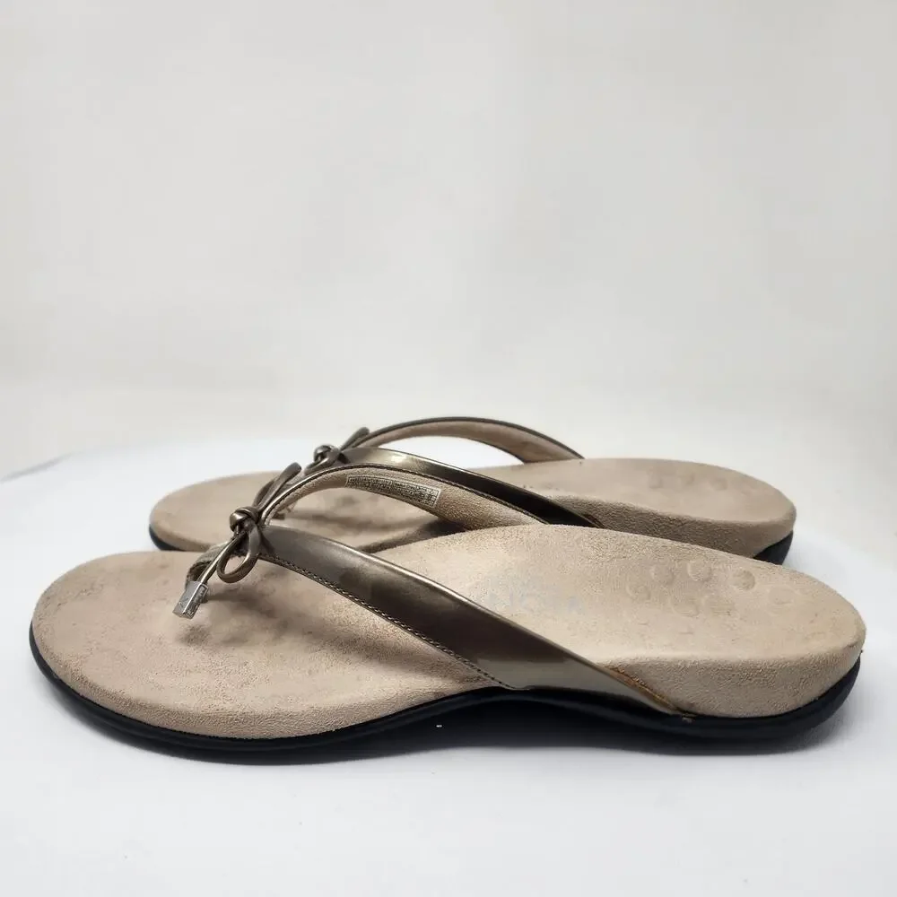 Vionic Bella II Flipflop Sandal Women 9 Champagne Gold Metallic Bow Comfort Shoe
